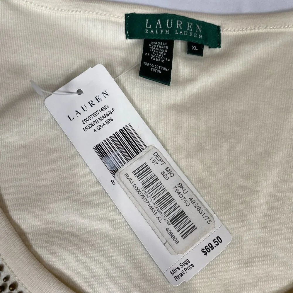 NWT Lauren Ralph Lauren Bead Embellished Tank XL Cotton Cream - Picture 4 of 5